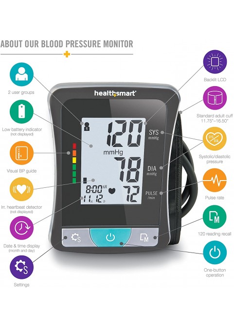 HealthSmart Digital Blood Pressure Monitor with Automatic Wrist Cuff that Displays Blood Pressure, Pulse Rate and Irregular Heartbeat, Stores up to 120 Readings for 2 Users, Black